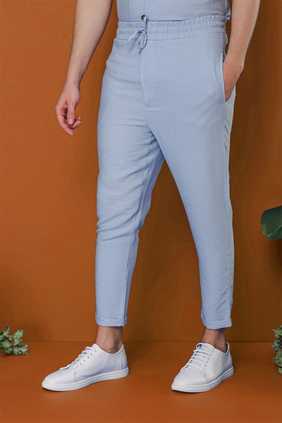 Slim Fit Yan Cepli Beli İpli Keten Mavi Jogger Pantolon ATP 031