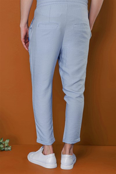 Slim Fit Yan Cepli Beli İpli Keten Mavi Jogger Pantolon ATP 031