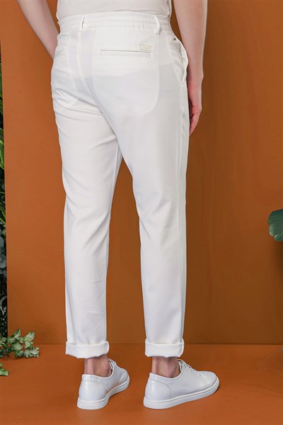 Slim Fit Yan Cepli Beli İpli Pamuklu Ekru Jogger Pantolon ATP 030