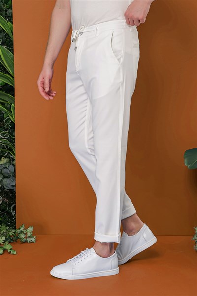 Slim Fit Yan Cepli Beli İpli Pamuklu Ekru Jogger Pantolon ATP 030