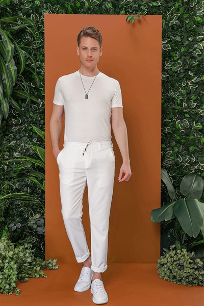 Slim Fit Yan Cepli Beli İpli Pamuklu Ekru Jogger Pantolon ATP 030