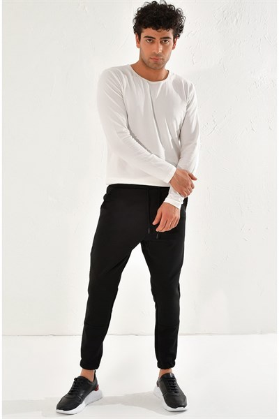 Slim Fit Yan Cepli Beli İpli Pamuklu Siyah Jogger Pantolon ATP 012