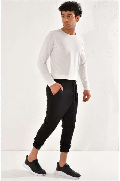 Slim Fit Yan Cepli Beli İpli Pamuklu Siyah Jogger Pantolon ATP 012