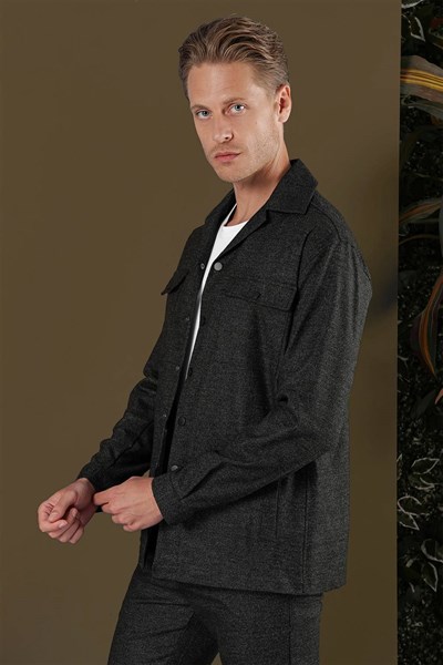 Slim Fit Yan Cepli Çıtçıtlı Apaş Yaka Siyah Gömlek Ceket G 1560