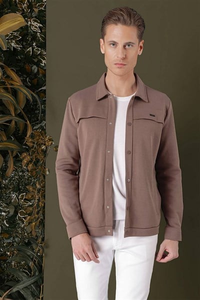 Slim Fit Yan Cepli Çıtçıtlı Esnek Pamuk Kakao Gömlek Ceket G 1562