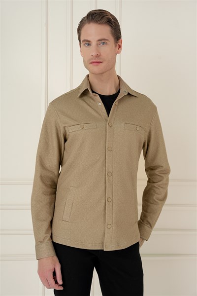 Slim Fit Yan Cepli Çıtçıtlı Kapitone Dokuma Camel Gömlek Ceket G 1581