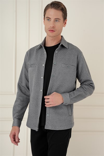 Slim Fit Yan Cepli Çıtçıtlı Kapitone Dokuma Gri Gömlek Ceket G 1581