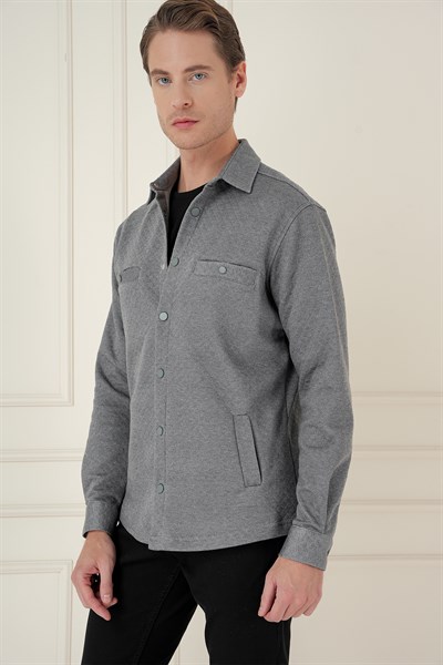 Slim Fit Yan Cepli Çıtçıtlı Kapitone Dokuma Gri Gömlek Ceket G 1581