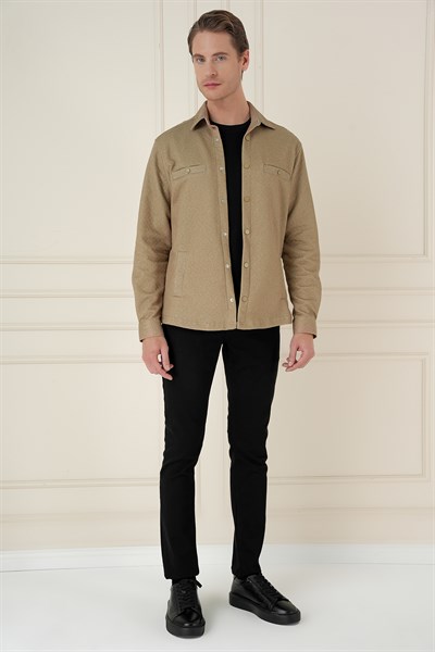 Slim Fit Yan Cepli Çıtçıtlı Kapitone Dokuma Camel Gömlek Ceket G 1581