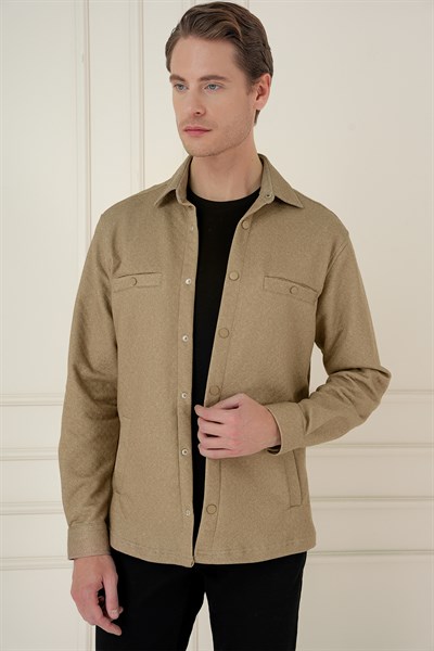 Slim Fit Yan Cepli Çıtçıtlı Kapitone Dokuma Camel Gömlek Ceket G 1581