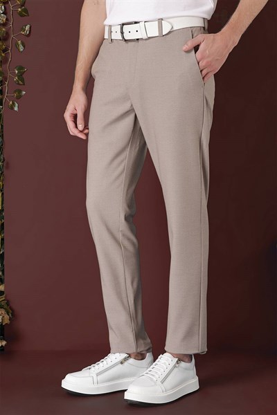 Slim Fit Yan Cepli Dokulu Esnek Bej Pantolon P 1139