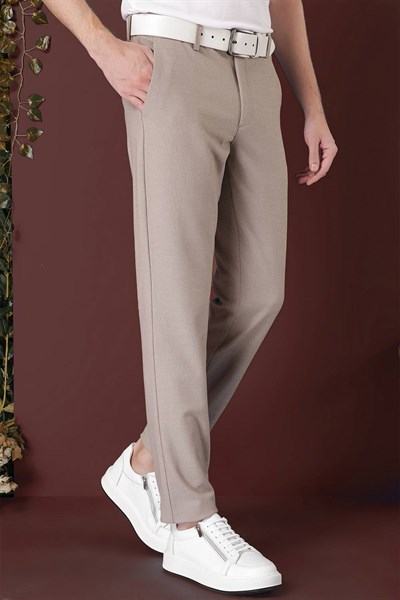 Slim Fit Yan Cepli Dokulu Esnek Bej Pantolon P 1139