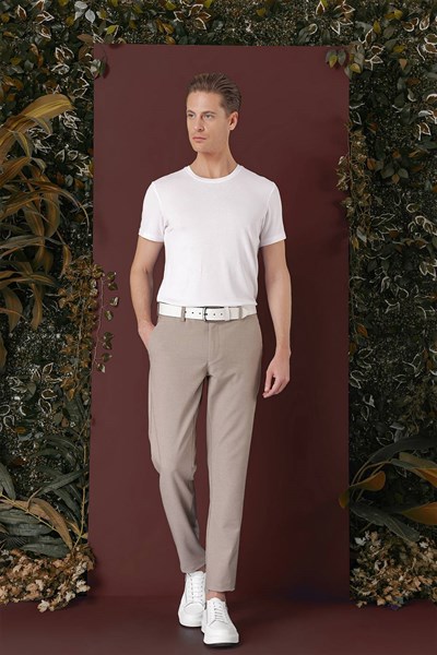 Slim Fit Yan Cepli Dokulu Esnek Bej Pantolon P 1139