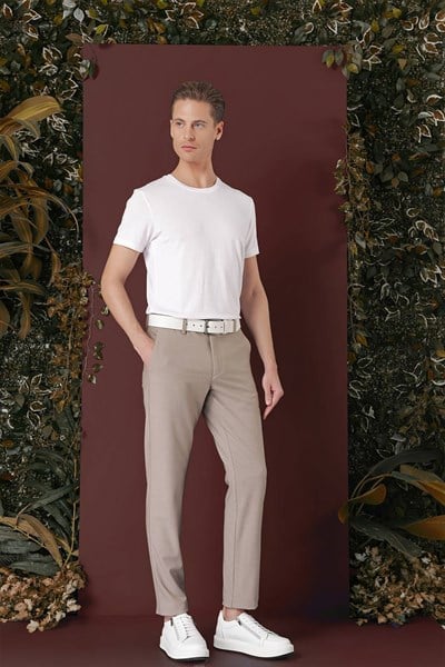 Slim Fit Yan Cepli Dokulu Esnek Bej Pantolon P 1139