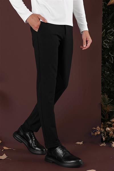 Slim Fit Yan Cepli Dokulu Esnek Casual Siyah Pantolon P 1139