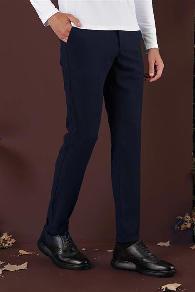 Slim Fit Yan Cepli Dokulu Esnek Casual Lacivert Pantolon P 1139