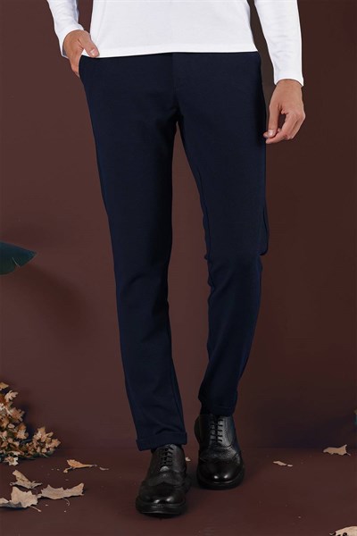 Slim Fit Yan Cepli Dokulu Esnek Lacivert Pantolon P 1139