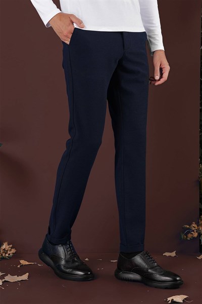 Slim Fit Yan Cepli Dokulu Esnek Lacivert Pantolon P 1139
