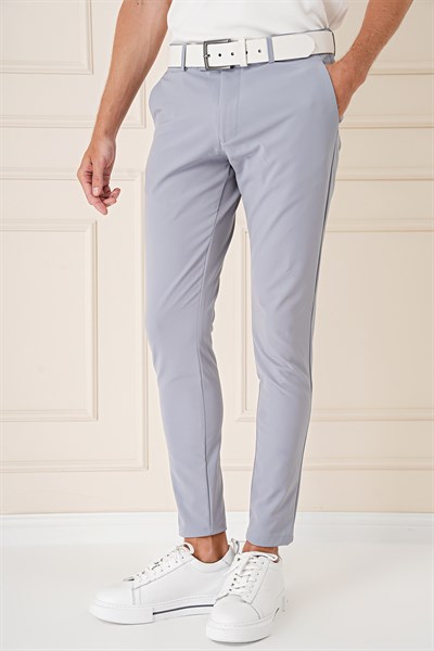 Slim Fit Yan Cepli Düz Esnek Casual Gri Mavi Pantolon P 1144