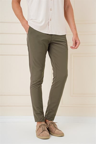 Slim Fit Yan Cepli Düz Esnek Casual Haki Pantolon P 1144