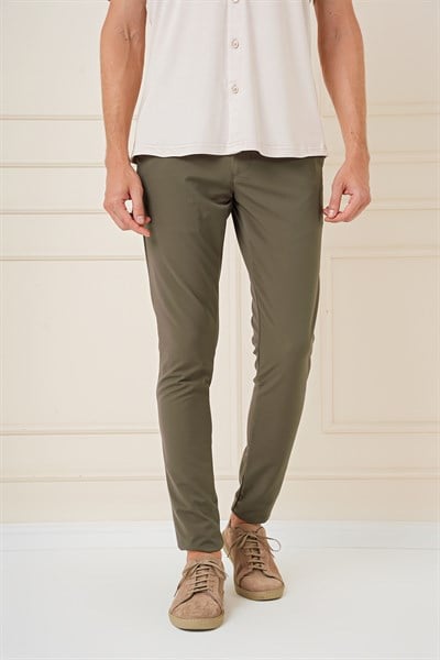 Slim Fit Yan Cepli Düz Esnek Casual Haki Pantolon P 1144