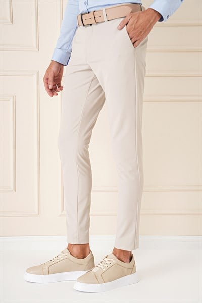 Slim Fit Yan Cepli Düz Esnek Casual Kum Pantolon P 1144