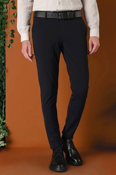 Slim Fit Yan Cepli Düz Esnek Casual Siyah Pantolon P 1144