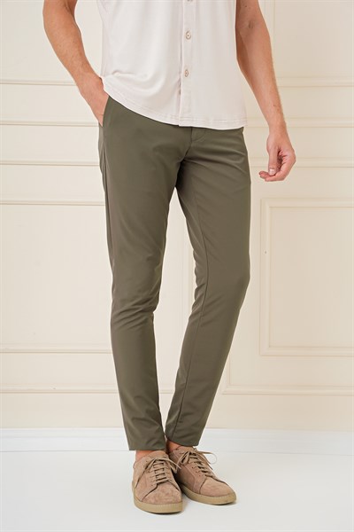 Slim Fit Yan Cepli Düz Esnek Pamuk Casual Haki Pantolon P 1144