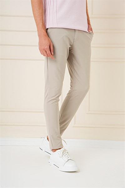 Slim Fit Yan Cepli Düz Esnek Pamuk Casual Koyu Bej Pantolon P 1144