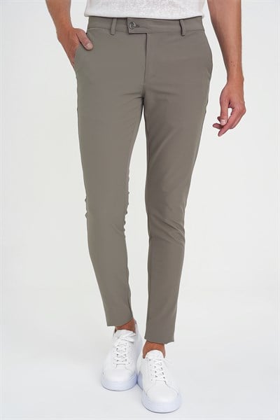 Slim Fit Yan Cepli Düz Esnek Pamuk Casual Vizon Pantolon P 1144