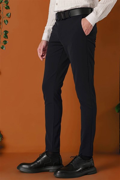 Slim Fit Yan Cepli Düz Esnek Pamuk Casual Siyah Pantolon P 1144