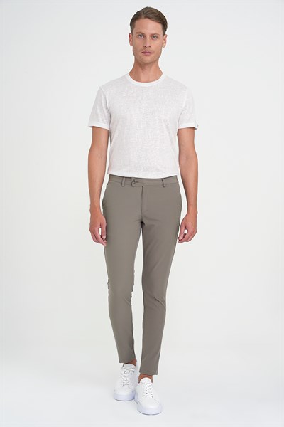 Slim Fit Yan Cepli Düz Esnek Pamuk Casual Vizon Pantolon P 1144