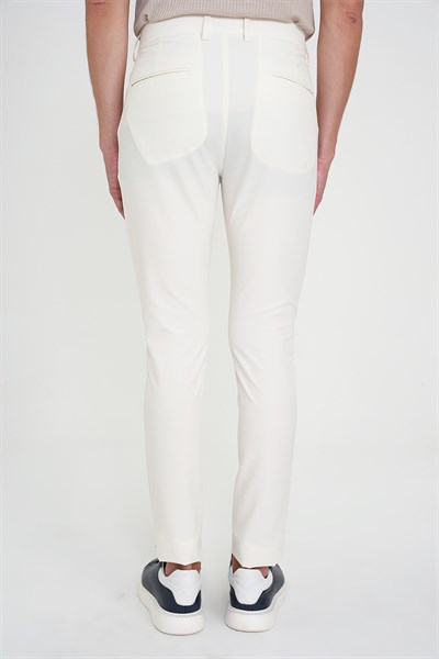 Slim Fit Yan Cepli Esnek Düz Beyaz Pamuk Pantolon P 1197