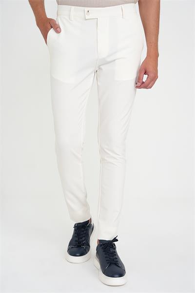 Slim Fit Yan Cepli Esnek Düz Beyaz Pamuk Pantolon P 1197