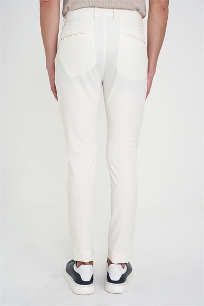 Slim Fit Yan Cepli Esnek Düz Beyaz Pamuk Pantolon P 1197