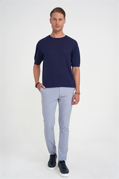 Slim Fit Yan Cepli Esnek Düz Grimavi Pamuk Pantolon P 1197