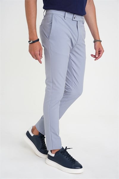 Slim Fit Yan Cepli Esnek Düz Grimavi Pamuk Pantolon P 1197