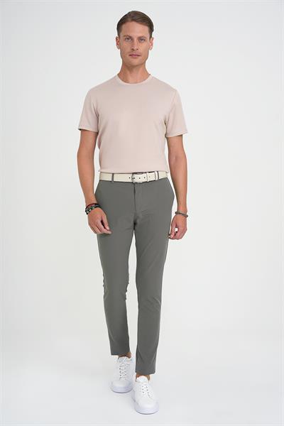 Slim Fit Yan Cepli Esnek Düz Haki Pamuk Pantolon P 1197