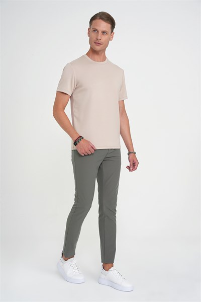 Slim Fit Yan Cepli Esnek Düz Haki Pamuk Pantolon P 1197