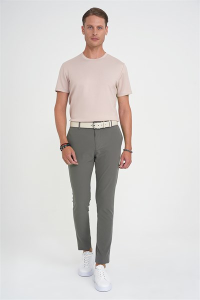 Slim Fit Yan Cepli Esnek Düz Haki Pamuk Pantolon P 1197