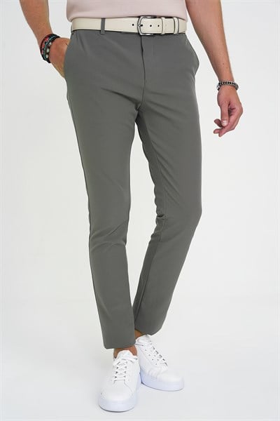 Slim Fit Yan Cepli Esnek Düz Haki Pamuk Pantolon P 1197