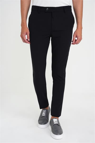 Slim Fit Yan Cepli Esnek Düz Siyah Pamuk Pantolon P 1197
