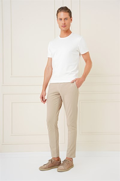 Slim Fit Yan Cepli Esnek Pamuk Bej Pantolon P 1161