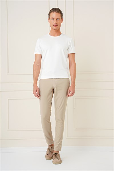Slim Fit Yan Cepli Esnek Pamuk Bej Pantolon P 1161