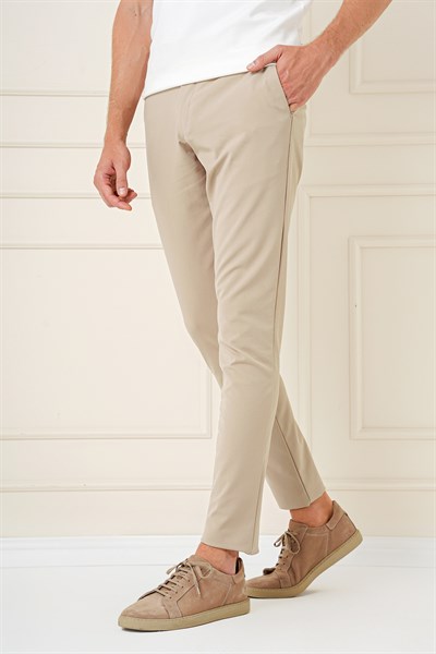 Slim Fit Yan Cepli Esnek Pamuk Bej Pantolon P 1161