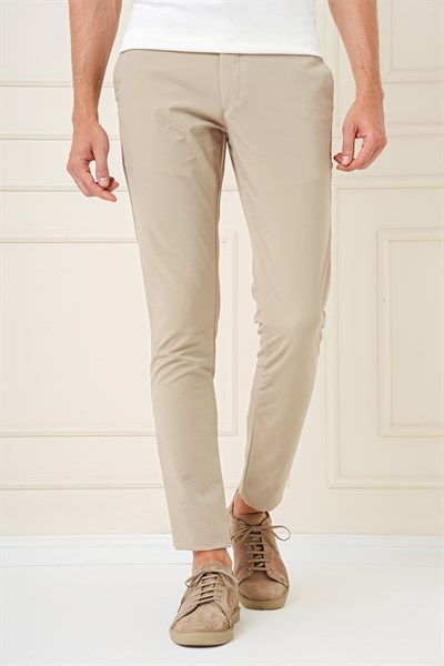 Slim Fit Yan Cepli Esnek Pamuk Bej Pantolon P 1161