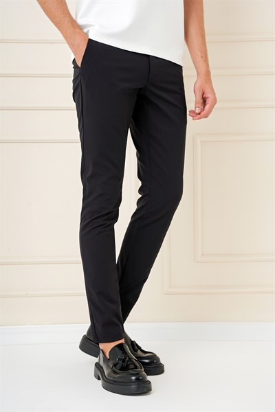 Slim Fit Yan Cepli Esnek Pamuk Siyah Pantolon P 1161