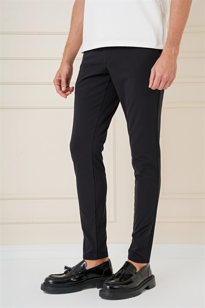 Slim Fit Yan Cepli Esnek Pamuk Siyah Pantolon P 1161