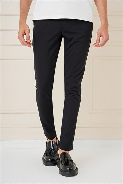Slim Fit Yan Cepli Esnek Pamuk Siyah Pantolon P 1161