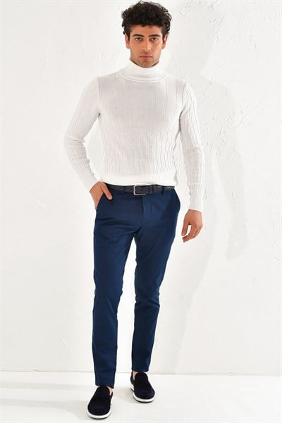 Slim Fit Yan Cepli Esnek Pamuk Tencel İndigo Chino Pantolon P 1070